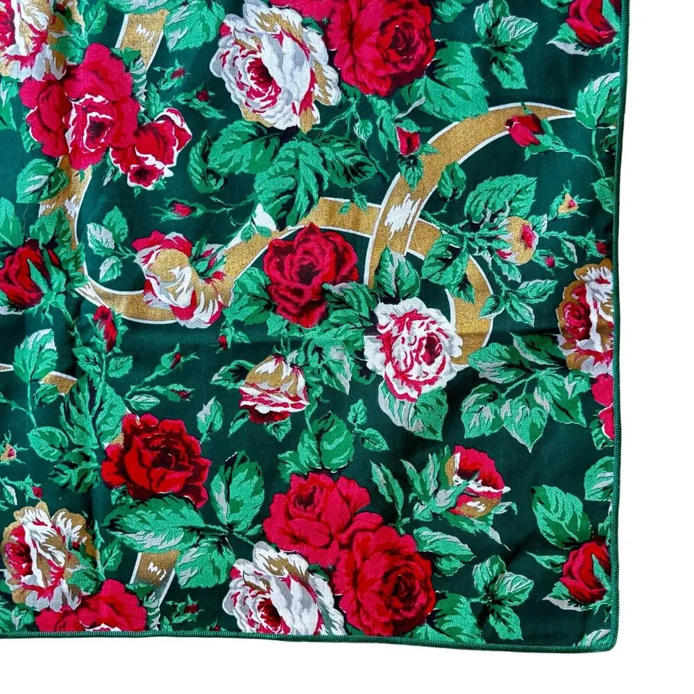 Vintage Christmas Tablecloth vivid red pink roses greenery & gold ribbons print